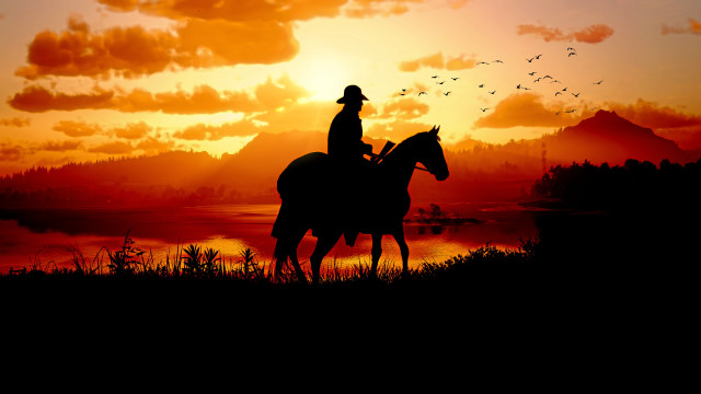 Horse riding sunset birds lake free wallpaper - medium preview image
