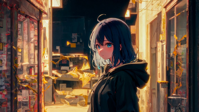 Woman doorway black hoodie anime free wallpaper - medium preview image