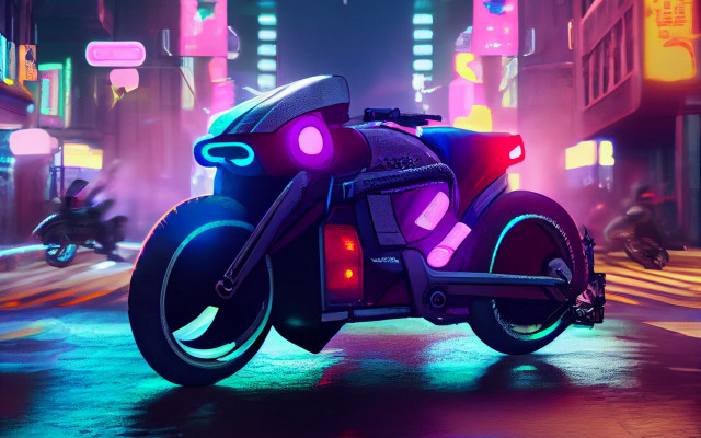 Futuristic motorcycle neon city synthwave free wallpaper - medium preview image