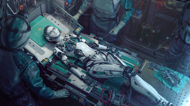 Sci fi robot table cyberpunk free wallpaper - medium preview image