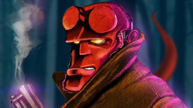 Cartoon demon cigarette purple background free wallpaper - medium preview image
