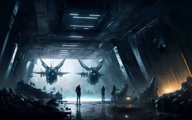 Sci fi hangar fighterjets man free wallpaper - medium preview image