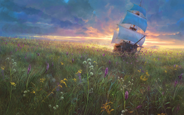 Boat flower field sunset mountain free wallpaper - medium preview image