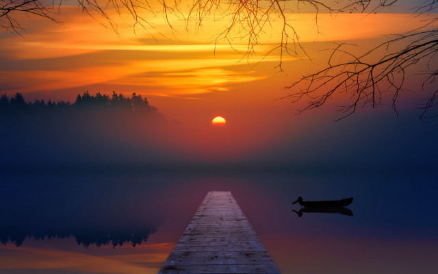 Sunset dock boat mountain forest free wallpaper - medium preview image