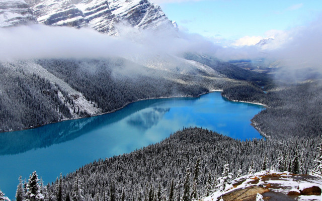 Lake snowy mountains forests clouds free wallpaper - medium preview image