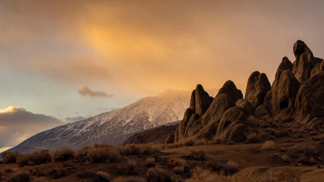 Snowy mountains clouds bushes dusk free wallpaper - medium preview image