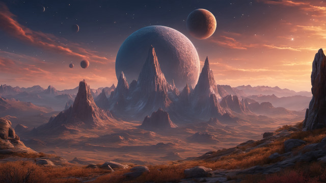 Mountains planets sunset landscape stars free wallpaper - medium preview image