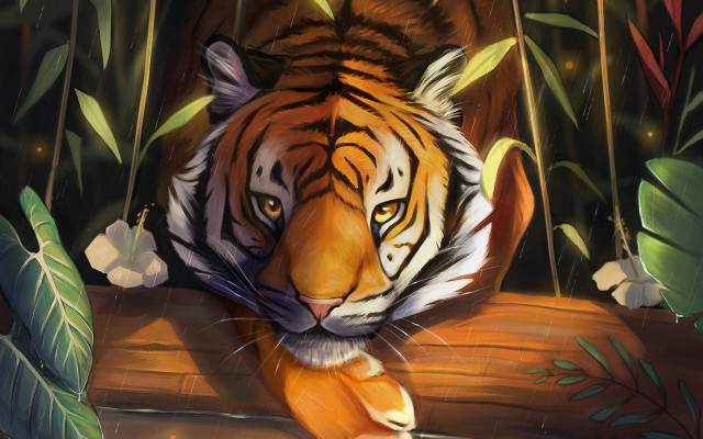 Tiger jungle laying smiling digital free wallpaper - medium preview image