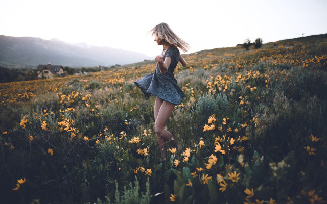 Woman flower field cow distant free wallpaper - medium preview image