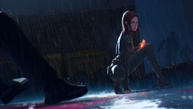 Woman kneeling rain umbrella handbag free wallpaper - medium preview image