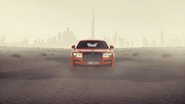 Red car desert city fog free wallpaper - medium preview image
