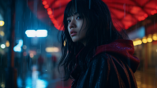 Woman rain umbrella night red free wallpaper - medium preview image