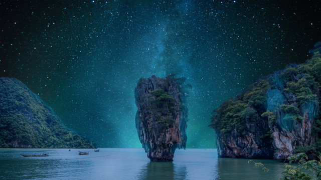 Water mountain boat stars space free wallpaper - medium preview image