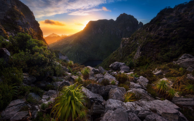 Mountain range sunset lake trees free wallpaper - medium preview image