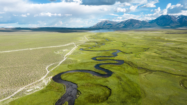 Wide field river mountains clouds free wallpaper - medium preview image