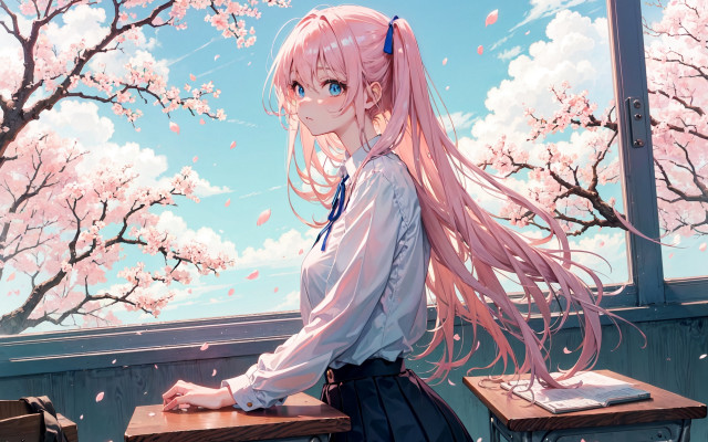 Pink haired girl bench window free wallpaper - medium preview image