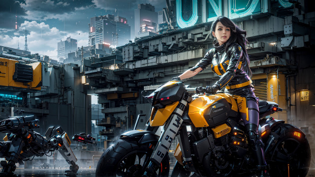 Futuristic city motorcycle woman neon free wallpaper - medium preview image