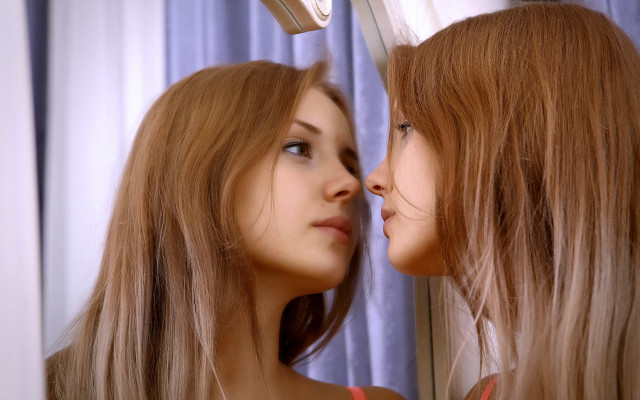 Mirror reflection two women eyelash free wallpaper - medium preview image