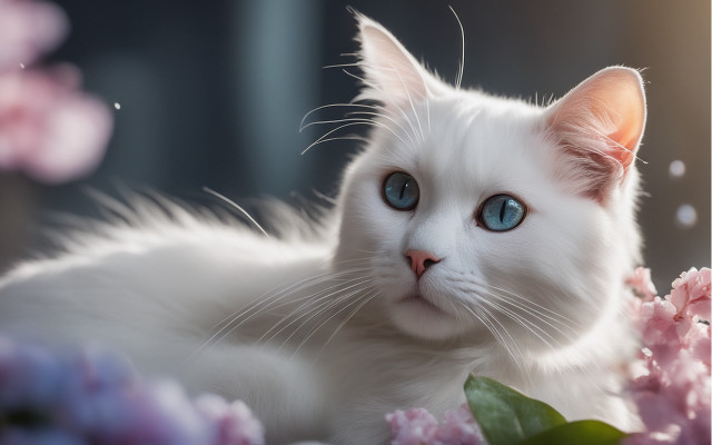 White cat blu eyes flower free wallpaper - medium preview image