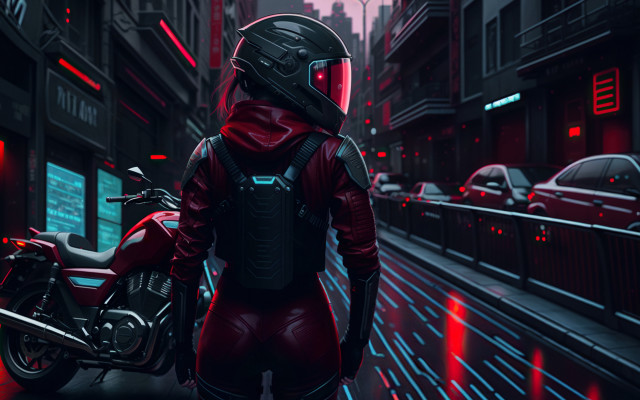 Red outfit helmet motorcycle cyberpunk free wallpaper - medium preview image