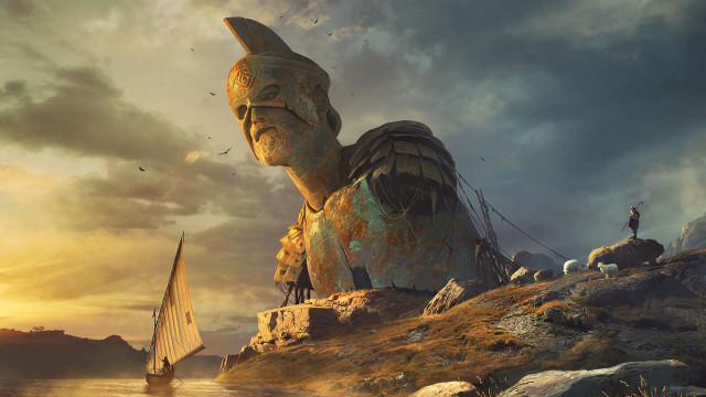 Giant statue cliff sailboat man free wallpaper - medium preview image