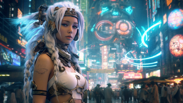 Futuristic citywoman whitewig featherheadpiece neoncityscape free wallpaper - medium preview image