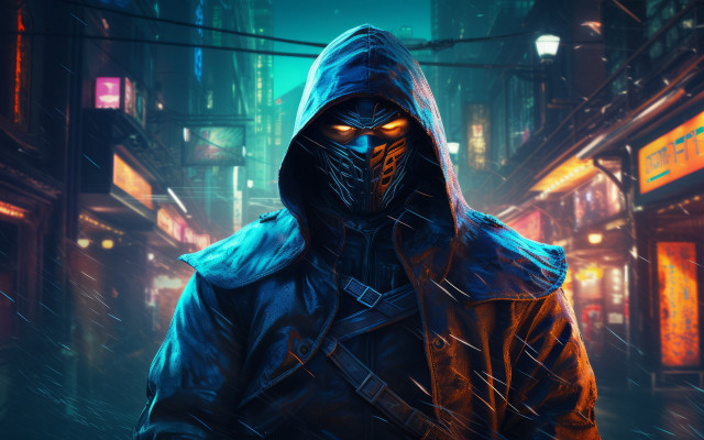 Man hooded jacket neon city free wallpaper - medium preview image