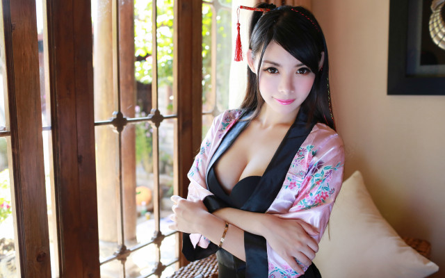 Woman pinkrobe blacktie portrait blackhair free wallpaper - medium preview image