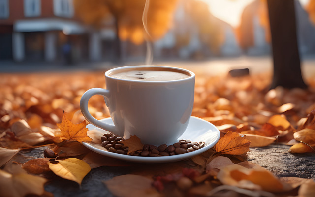 Coffee cup saucer autumn leaves free wallpaper - medium preview image