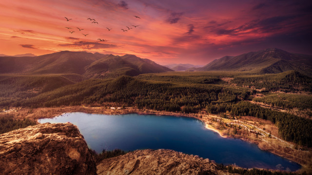 Sunset mountain lake birds range free wallpaper - medium preview image