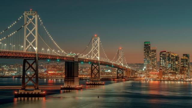Bridge cityscape night lights water free wallpaper - medium preview image