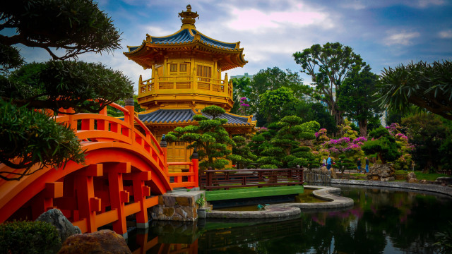 Yellow pagoda bridge tiltshift saturated free wallpaper - medium preview image