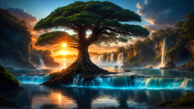 Tree river waterfalls sunset fantasy free wallpaper - medium preview image