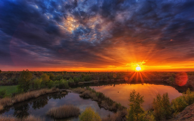 Sunset lake clouds trees reflection free wallpaper - medium preview image