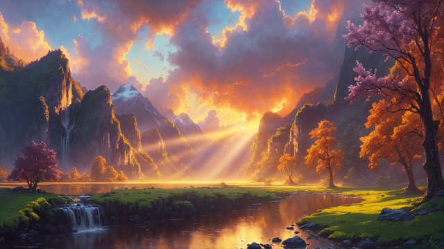 Sunset river mountains waterfall autumn free wallpaper - medium preview image
