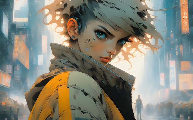 Woman mohawk yellow jacket city free wallpaper - medium preview image