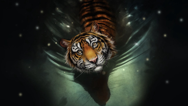 Tiger water starry sky digital free wallpaper - medium preview image