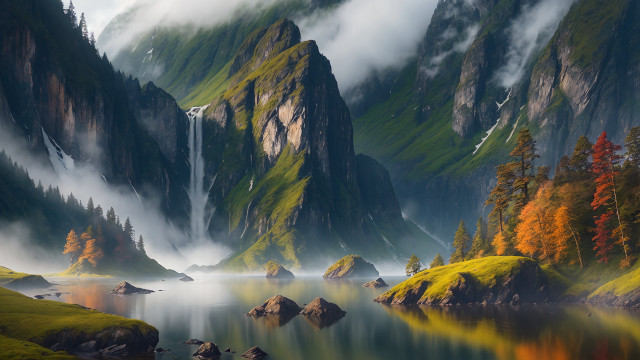 Mountain lake fog forest waterfall free wallpaper - medium preview image