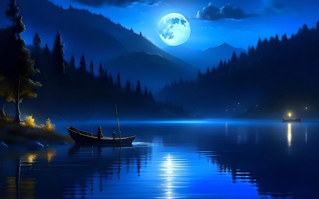 Moonlit lake fantasy boat city free wallpaper - medium preview image