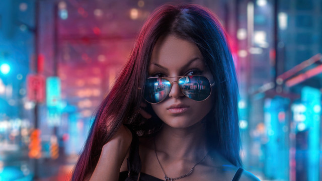 Cyberpunk city night neon bokeh free wallpaper - medium preview image