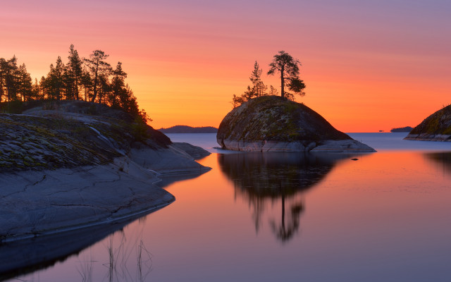 Sunset water trees rocks autumn free wallpaper - medium preview image