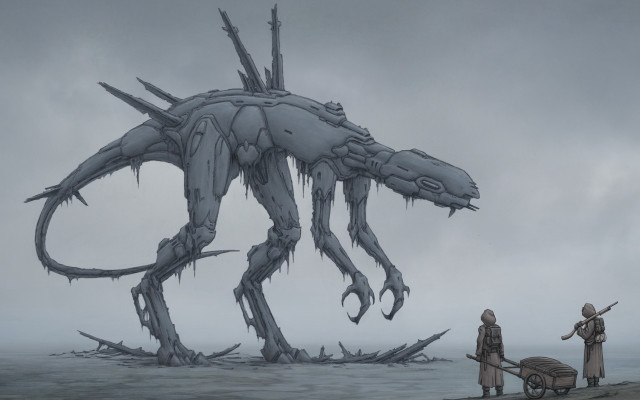 Giant creature beach man wheelbarrow free wallpaper - medium preview image