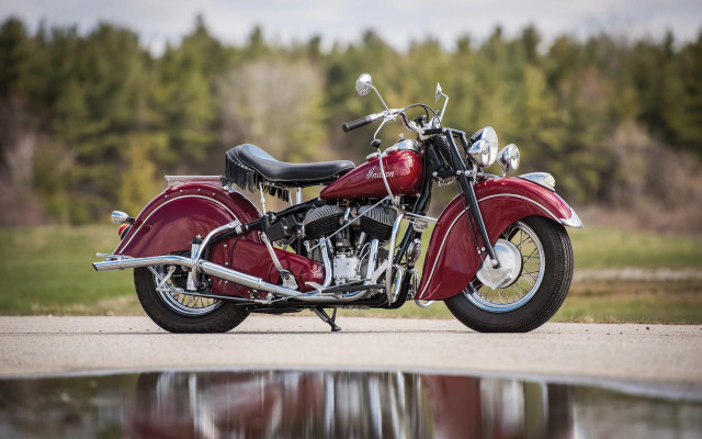 Red motorcycle lake trees reflection free wallpaper - medium preview image