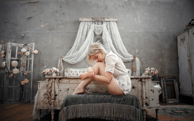 Woman sitting bed room curtain free wallpaper - medium preview image