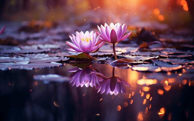 Purple flowers floating pond glowing free wallpaper - medium preview image