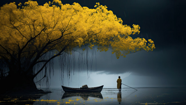 Autumn boat man bare tree free wallpaper - medium preview image