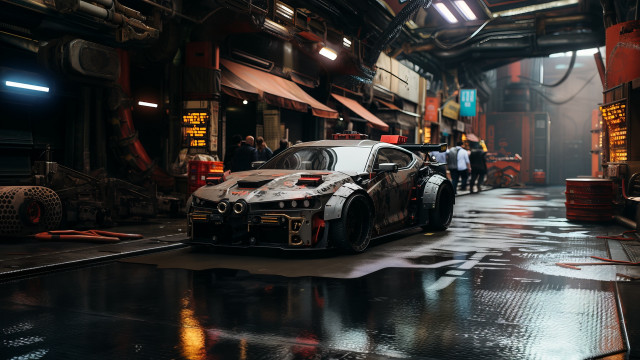 Garage cyberpunk car man suit free wallpaper - medium preview image
