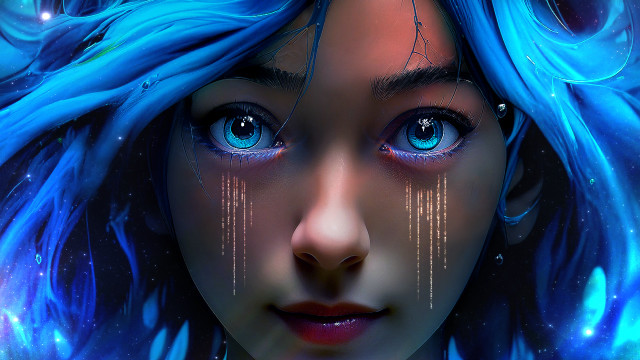 Blue hair stars forehead cyberpunk free wallpaper - medium preview image