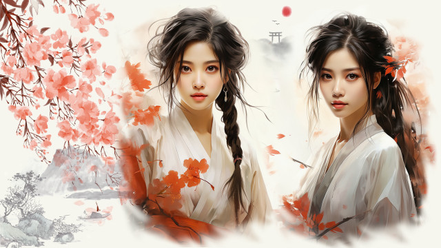 Woman longhair whiteflower tree autumn free wallpaper - medium preview image