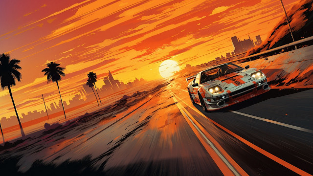 Car palm trees sunset cityscape free wallpaper - medium preview image